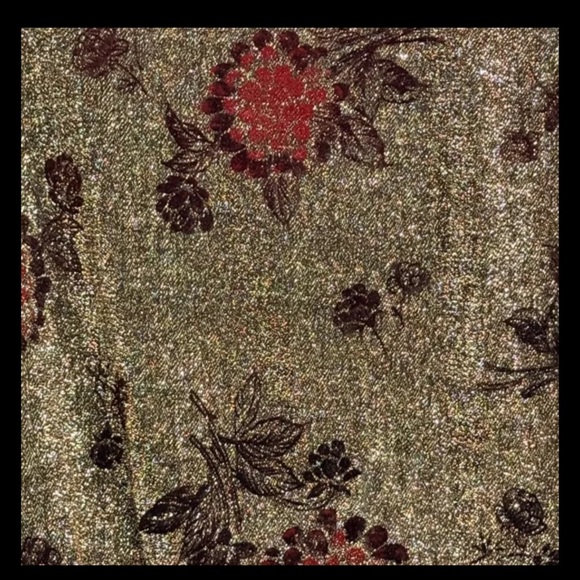 Vintage Gold Shimmery Scarf Red & Brown Floral Print Shimmery Gold Black Fringe - Picture 5 of 11